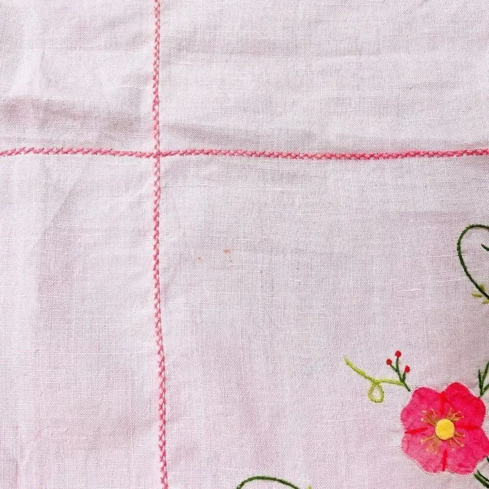 Vintage Handmade Pink Square Embroidered Floral Tablecloth 42 x 41 Appliqué Cute
